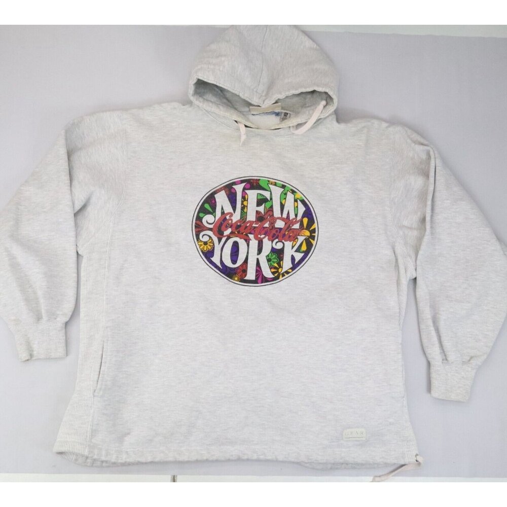 Vintage Coca Cola New York Hoodie Size XL Gray‎ Logo Heavyweight Open Bottom